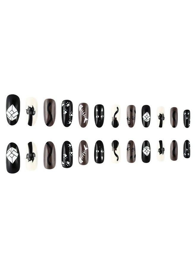 TOGZOM Halloween Press on Nails Short Oval Fake Nails Balck Cat Acrylic Nails with Designs Stray Cat Glue on Nails Short Almond False Nails Stick on Nails for Women Nails Deco 24Pcs - Image 5